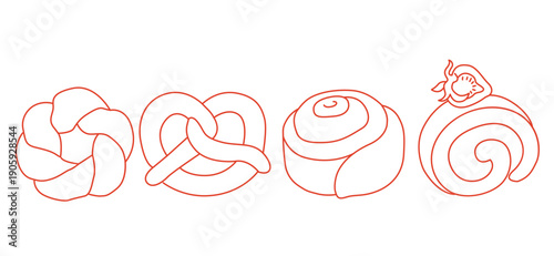 Hand-drawn set of sweet bakery desserts including cinnamon roll, pretzel, filled pastry roll and braided bun in line art style