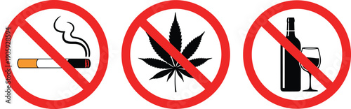 "Collection of prohibition symbols showing no smoking, no marijuana, and no alcohol signs with red circles and diagonal lines for restriction messages"