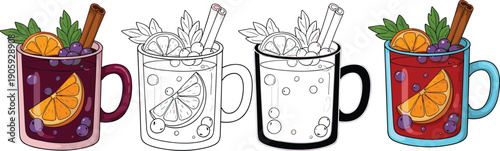 Colorful fruit beverage mugs illustration, orange slice decoration, blueberry garnish, cinnamon stick detail, artistic progression design, black and white line art