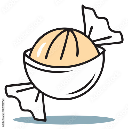 Simple vector illustration of a round caramel candy in a twisted wrapper