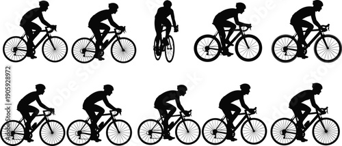 Cyclist silhouette sequence, bicycle motion frames, pedaling biomechanics illustration, cycling animation study, sports science concept, rider posture analysis, athlete movement artwork, stock image