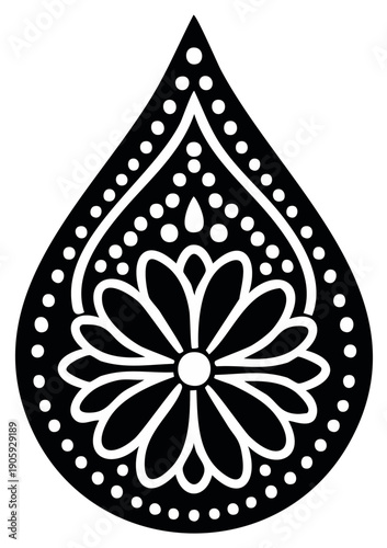 Black and white paisley teardrop element with an ornate floral mandala design
