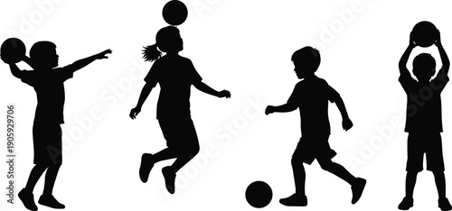 Silhouette of four children playing with balls in dynamic poses for fun, activity, and design themes