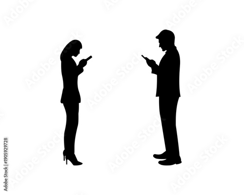 communication virtual world. silhouette of a woman and a man holding smartphones. Vector