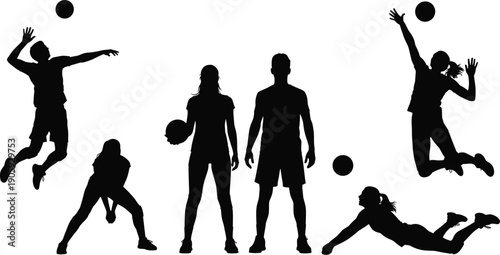 Volleyball player silhouette illustration, dynamic action poses, team sport concept, athletic movement design, black and white vector artwork, competitive game scene