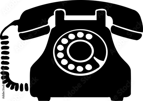 A black silhouette of a vintage rotary phone on transparent background