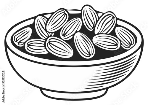 Black and white illustration of a bowl filled with dates, side view, food, dessert