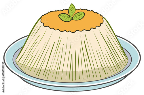 Vector Flan Pudding with Caramel and Mint on a Plate Sweet Dessert Homemade Custard Illustration