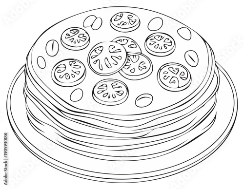 Hand drawn stack of savory pancakes with tomato slices and olives on a plate