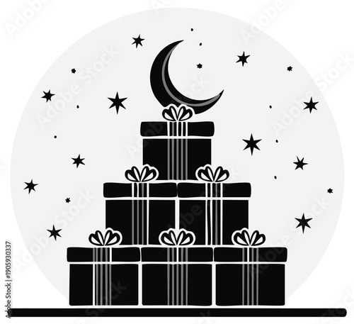Layered Black Gift Boxes Under Crescent Moon and Stars