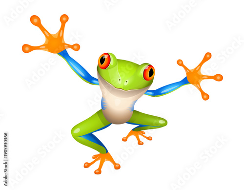 Welcoming tree frog standing over a white background