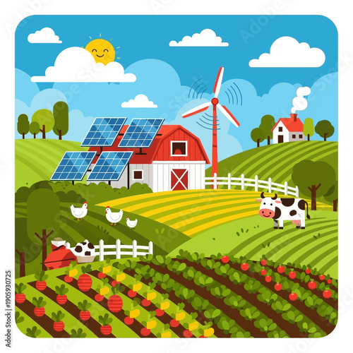 Sustainable Farm with Solar Panels and Wind Turbine.