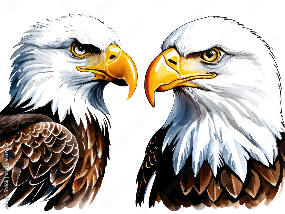 Obraz premium Two majestic bald eagles standing face-to-face on a pure white background