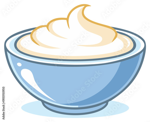 Bowl of sour cream, whipped cream, or yogurt dip cartoon vector illustration