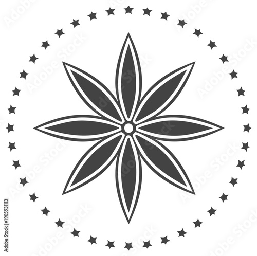 Stylized Star Anise Seed in Circle of Stars - Dark Gray Spice Illustration with Eight Points