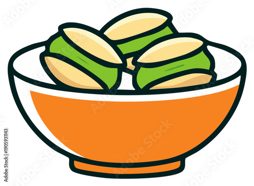 Three pistachios with bright green centers and pale yellow shells in an orange bowl