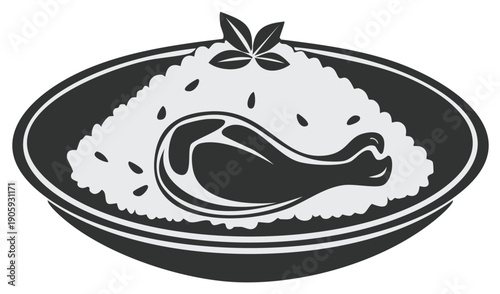 Stylized Black and White Illustration of a Savory Chicken Drumstick Dish with Rice Grains and Garnish