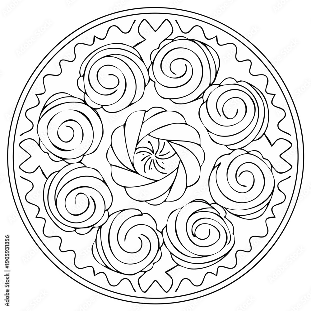 Fototapeta premium Decorative circular pattern with floral and swirl elements, coloring book page.