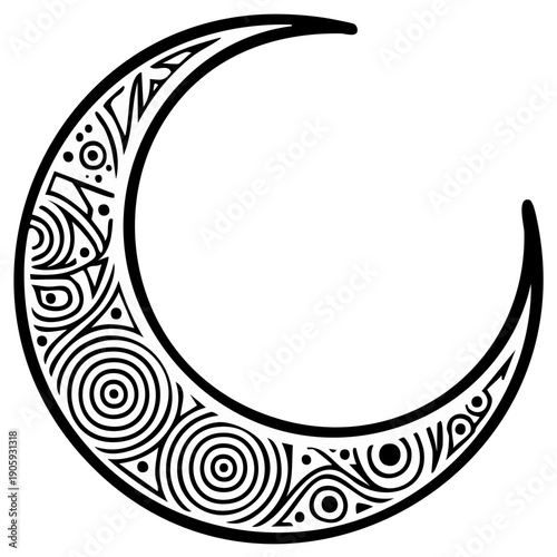 Ornate Crescent Moon Silhouette with Tribal Geometric Patterns Black and White