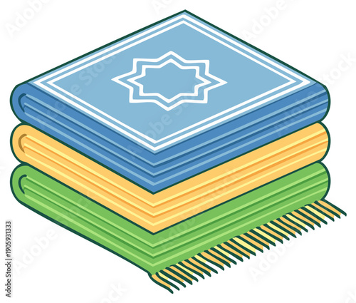 Stack of colorful Islamic prayer mats with geometric star pattern, isometric vector illustration