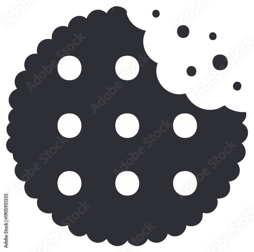 Dark grey cookie icon with white bite taken out isolated on white background