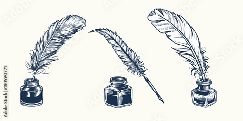 Hand drawn sketch style quill pen and inkwell set. Vintage retro etched woodcut drawings collection. Vector illustrations.