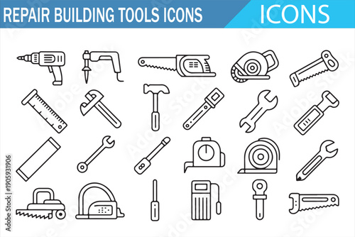 Construction Tools Line Icon Set Hammer Drill Saw Vector Pack