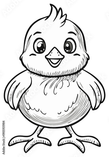 Charming hand drawn black and white chick character with large eyes and open beak