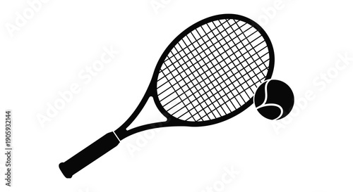 Tennis racket and ball illustration featuring a striking black silhouette