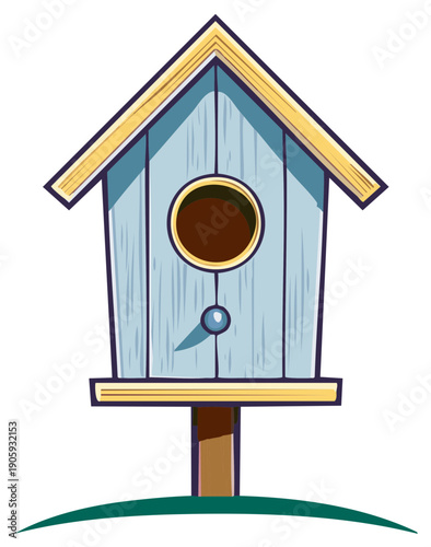 Blue wooden birdhouse with a yellow roof cartoon style vector illustration