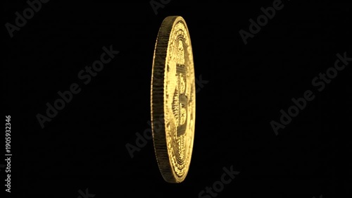 Golden Bitcoin coin spinning on a black background, representing digital currency and blockchain technology.