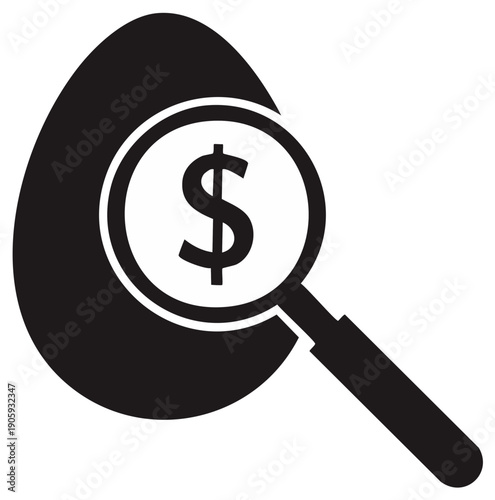 Magnifying glass examining egg revealing dollar sign financial discovery concept