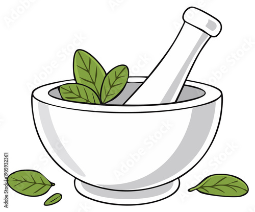 Mortar and pestle with green leaves for herbs medicine or aromatherapy treatment preparation, simple vector drawing