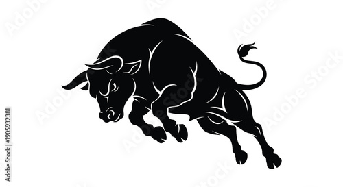 Powerful bull charging forward in a striking black silhouette high quality