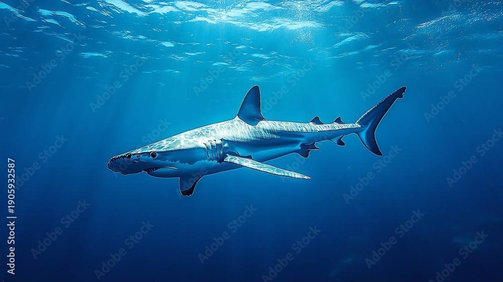 Naklejka premium Great White Shark Swimming Underwater in Ocean with Sunlight
