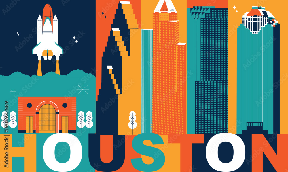 Naklejka premium Houston culture travel set, American famous architectures, USA in flat design. Texas business travel and tourism concept clipart. Image for presentation, banner, website, advert, flyer, roadmap, icons