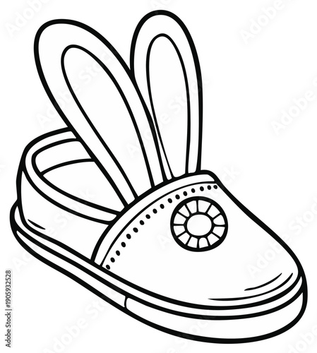 Adorable Bunny Ear Shoe in Black and White Outline for Coloring and Creative Design Projects