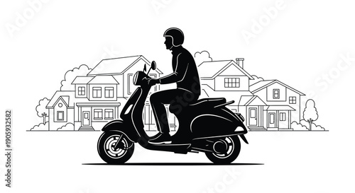 Motorcycle rider travels along a street with houses a striking silhouette