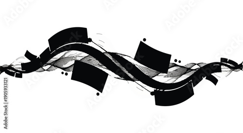 Abstract dynamic black and white swirling shapes and lines on clean white background for creative design element or modern artistic expression