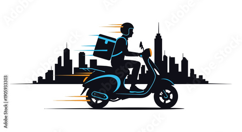 Delivery rider on a scooter passing a city skyline a striking silhouette