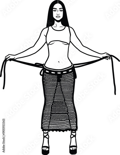 Boho woman posing in mesh skirt vector