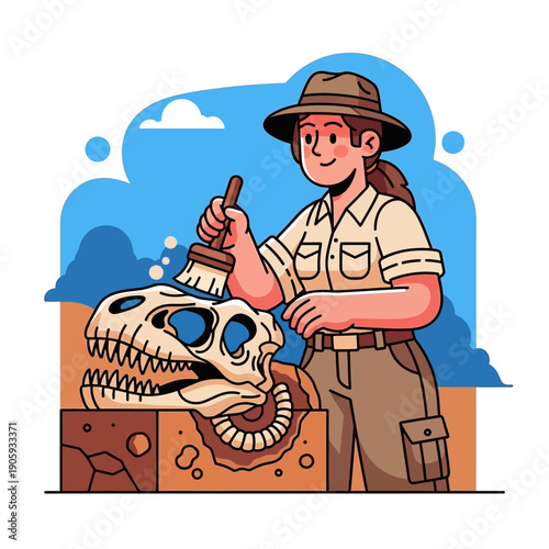 Paleontologist Cleaning Dinosaur Fossil Skull.