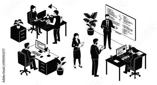 Isometric office scene depicting workers collaborating presenting and using technology silhouette