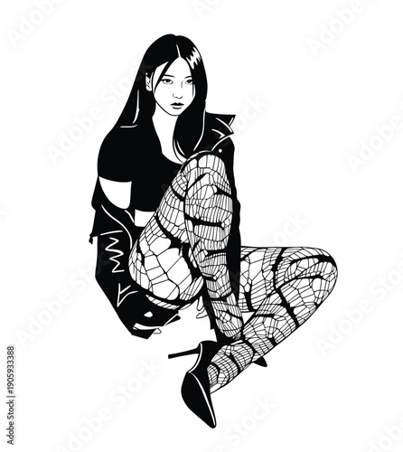 Stylish woman in leather jacket and patterned tights