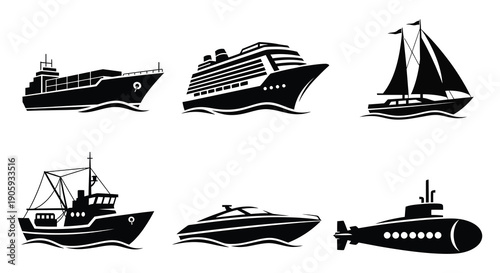 Various ships and boats depicted in black minimalist silhouettes high quality