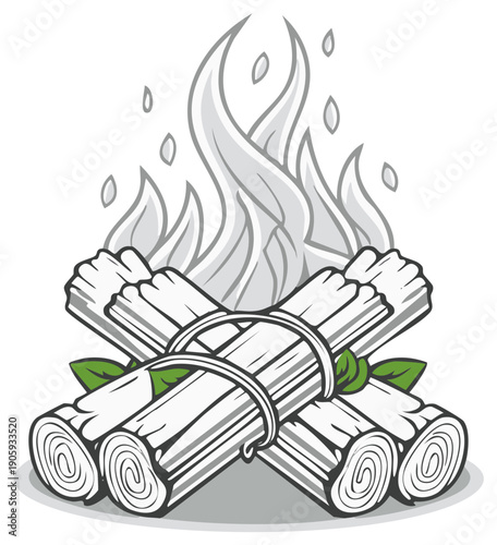 Illustration of stacked firewood bundles with stylized flames and smoke rising above