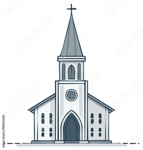 Illustrated church building with a steeple and cross against a white backdrop.