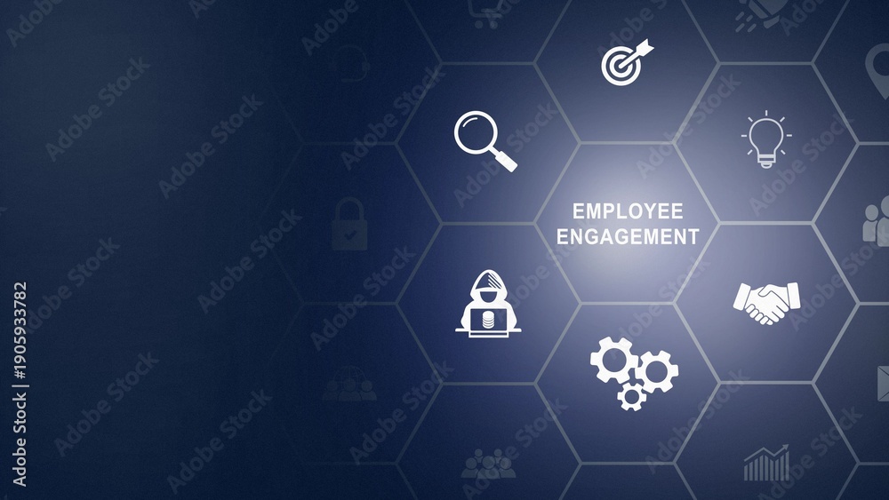 Obraz premium Employee engagement and team motivation. Productive people, inspiration. Common goals of the company and employees for sustainability. Touching on employee engagement text icon background animation