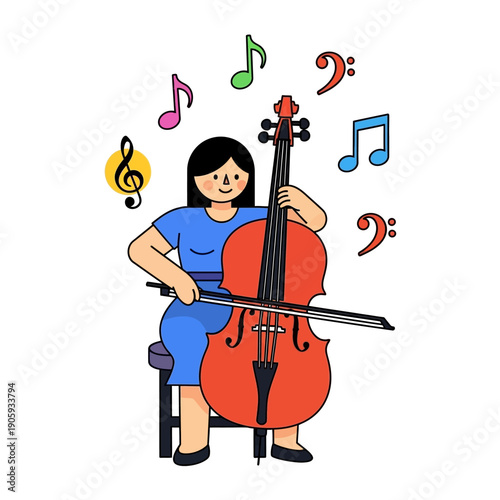 Woman Playing Cello with Music Notes.