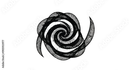 Black swirling spiral abstract background design element with curved lines and shapes in gray tones on white